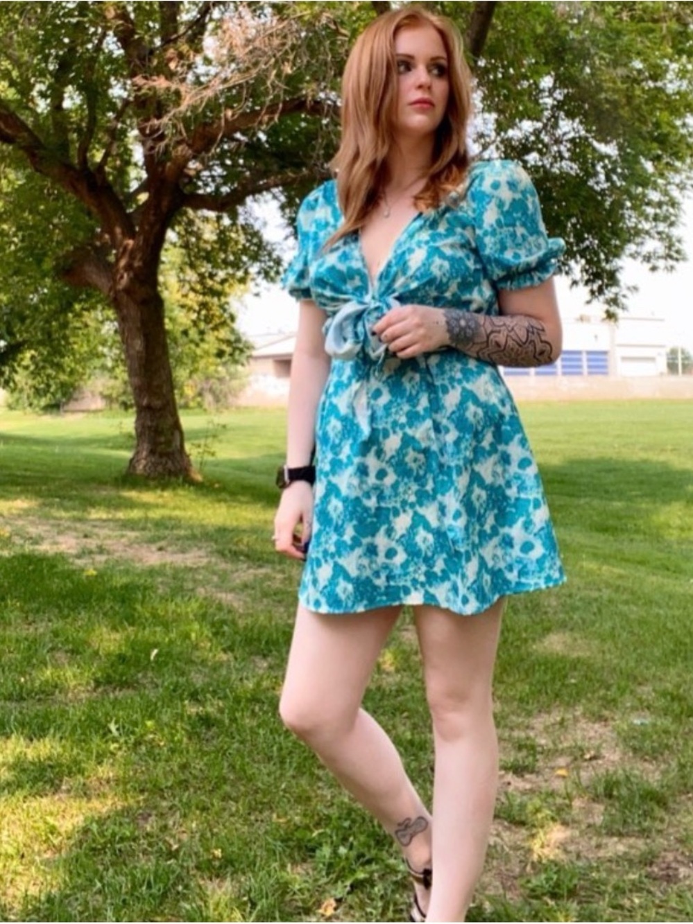 SHEIN Teal Blue Floral Tie-Front Mini Dress
